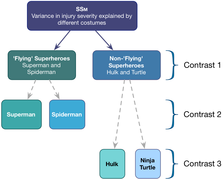 Contrast 1 compares flying (Superman, Spiderman) to non-flying (Hulk, Turtle) superheroes. Contrast 2 compares Superman to  Spiderman ignoring the non-flying (Hulk, Turtle) superheroes. Contrast 3 compares the Hulk to Ninja Turtles ignoring the flying (Superman, Spiderman) superheroes.